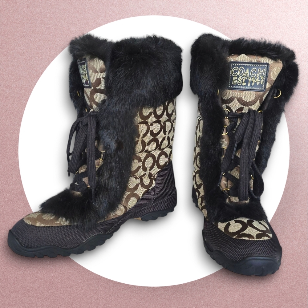 NWOT Coach Jennie Signature Fur Winter Snow Boots Brown Monogram Cozy Luxe Sz 8 - Picture 12 of 14